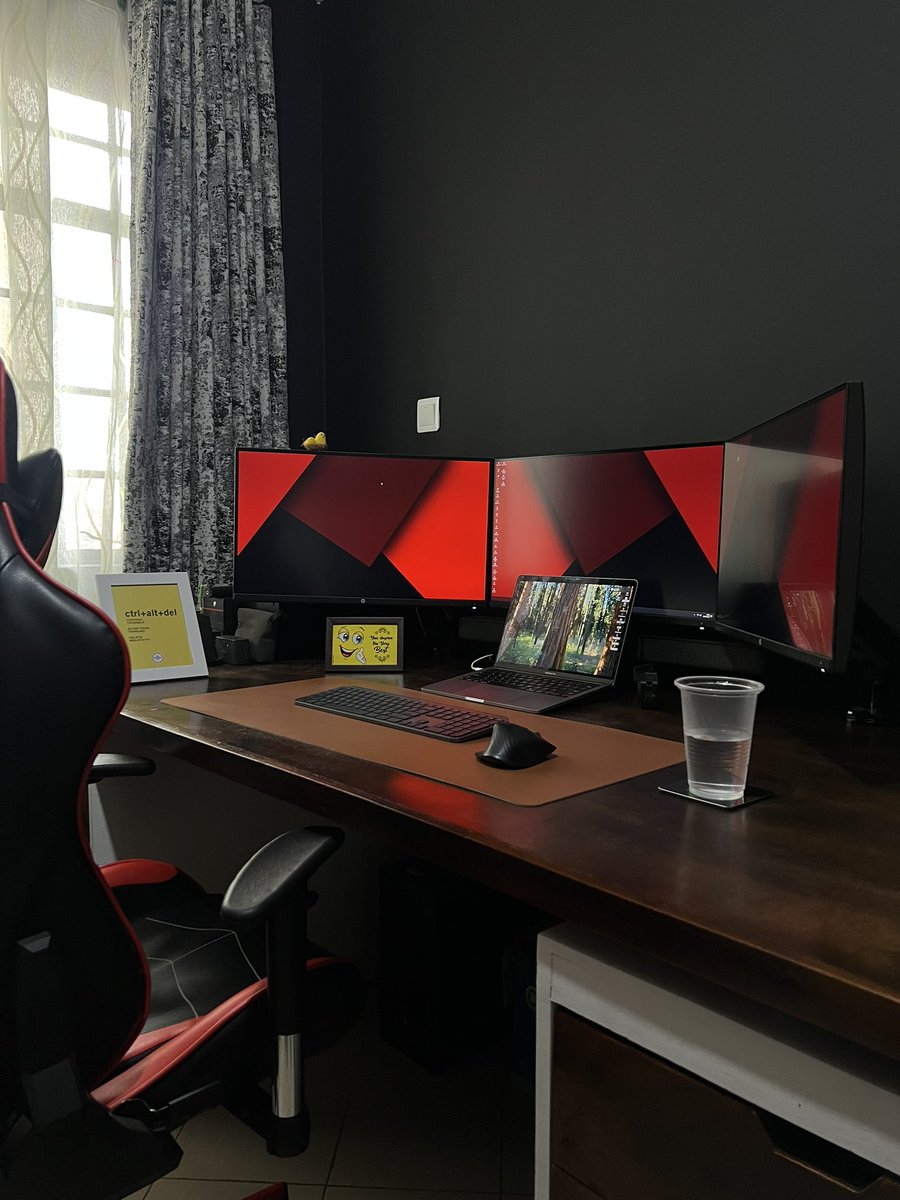 Nick Muthumbi (@nickmuthumbi) on Twitter photo Inspired by <a href="/MKBHD/">Marques Brownlee</a>
Main setup: Triple HP Z25N on monitor arms powered by a HP Pavilion with upgraded graphics
Laptop: M1 Macbook Pro
Input: Logitech MX Keys & MX Master 3
Output: Sony HT-S20R
Extras: Audio extractor for true sound surround when gaming and wireless charger Inspired by <a href="/MKBHD/">Marques Brownlee</a>
Main setup: Triple HP Z25N on monitor arms powered by a HP Pavilion with upgraded graphics
Laptop: M1 Macbook Pro
Input: Logitech MX Keys & MX Master 3
Output: Sony HT-S20R
Extras: Audio extractor for true sound surround when gaming and wireless charger