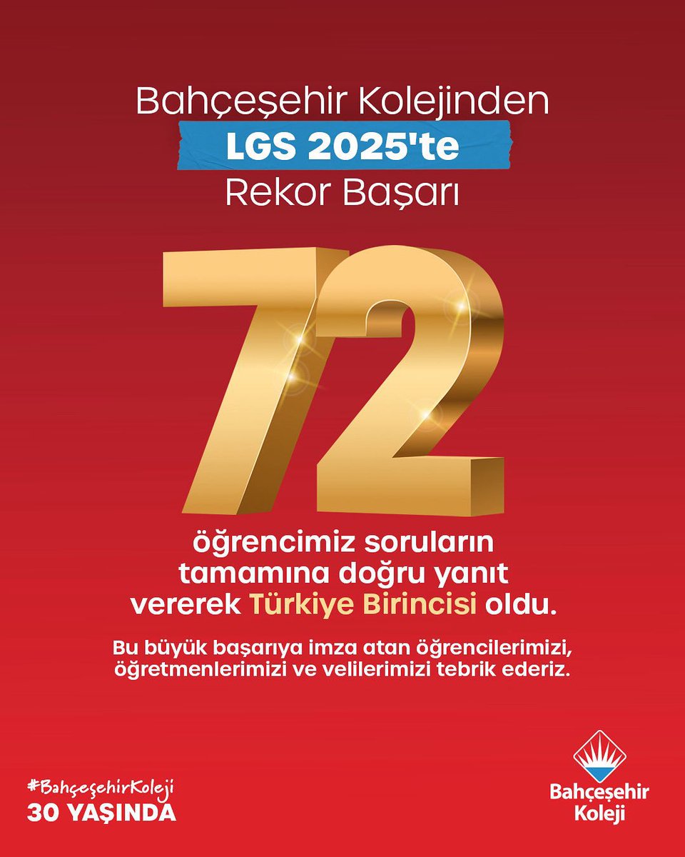 #LGS2025’te Bahçeşehir Kolejinden *72* Türkiye Birincisi🥇

Öğrencilerimizin çabaları, öğretmenlerimizin bilgi dolu rehberliği ve velilerimizin sonsuz desteği için teşekkür ederiz. ❤️💙

#BahçeşehirKoleji
#SıraSende