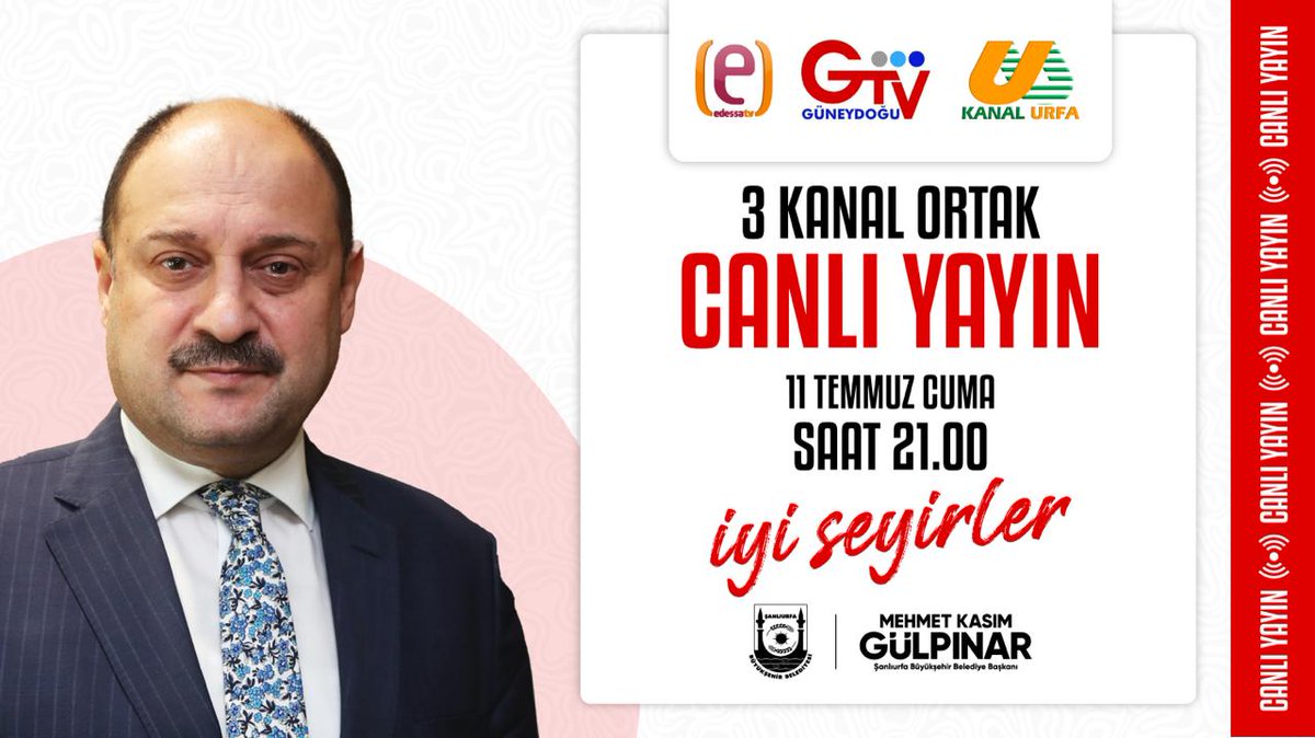 Şanlıurfa Büyükşehir Belediye Başkanımız Mehmet Kasım Gülpınar, ortak canlı yayında yerel kanallarımızın konuğu oluyor. İyi seyirler dileriz.

🗓 Tarih: 11 Temmuz 2025, Cuma
🕚 Saat: 21.00
📺 Ortak Canlı Yayın: Edessa TV, Güneydoğu TV, Kanal Urfa