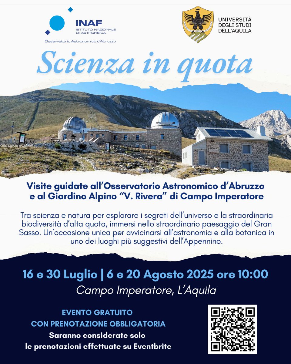 "Scienza in Quota": cielo e natura sul #GranSasso!
L’#INAFAbruzzo e il Giardino Alpino <a href="/univaq/">Università degli Studi dell'Aquila</a> aprono le porte al pubblico a Campo Imperatore! 
🗓️ 16 e 30 luglio | 6 e 20 agosto ore 10:00 (2h)
🎫 Prenotazione obbligatoria: tinyurl.com/scienzainquota…
ℹ️ Info oa-abruzzo.inaf.it