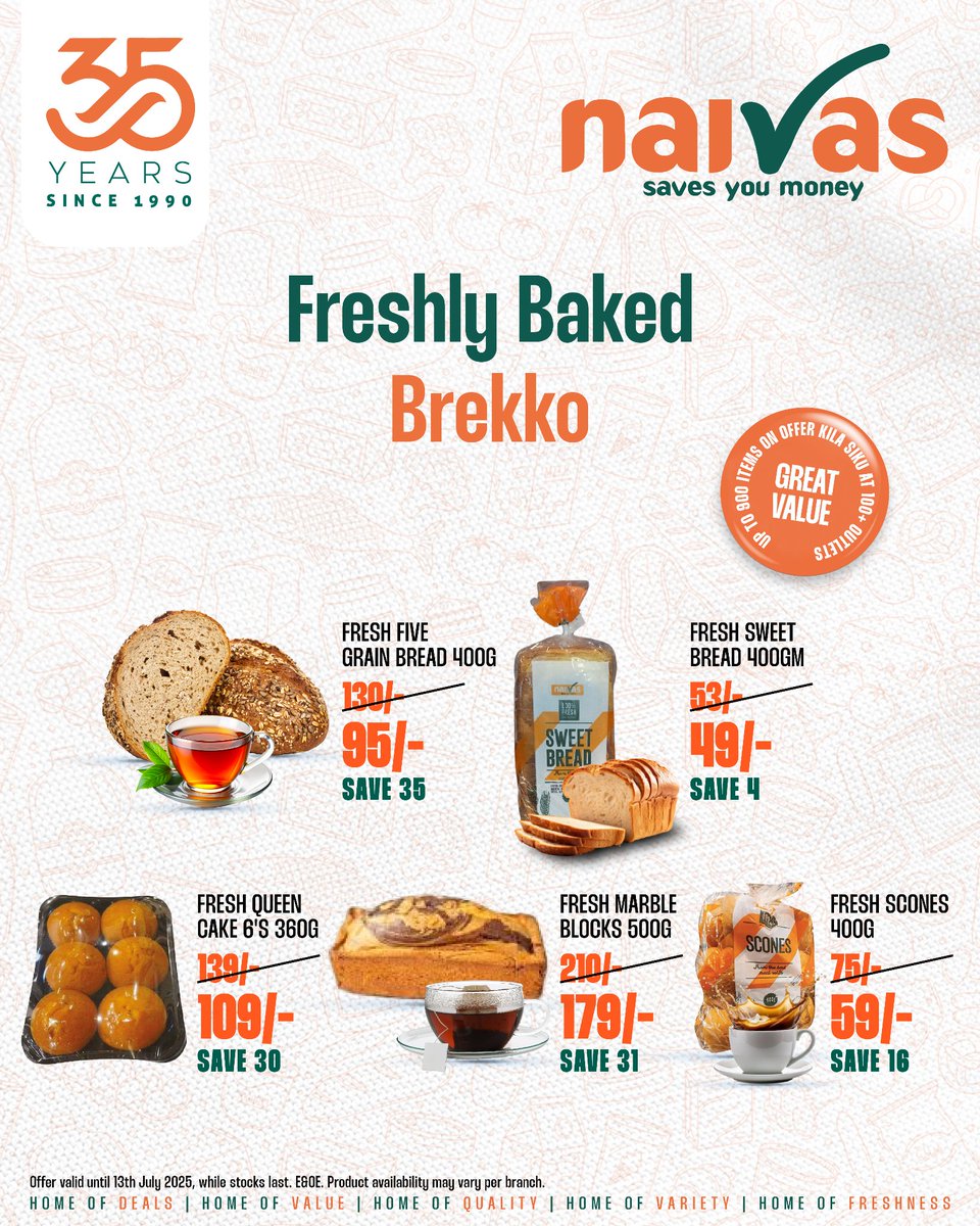 Tuna breakfast deals tamu, utashinda ume-smile the whole day. 😁
Whether it’s Fresh Queen Cake, Marble Blocks, Scones or bread, we’ve got you covered.
Visit your nearest Naivas branch for delicious breakfast treats or shop online: naivas.online