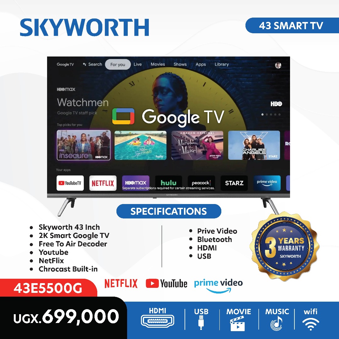 skyworth_uganda's tweet image. Upgrade your viewing experience with the Skyworth 43E5500G 43-inch Smart TV! Built-in Google TV, access to Netflix, YouTube, Prime Video, and more. Only 699,000 UGX! #Skyworth #SmartTV #GoogleTV #Sale #Uganda