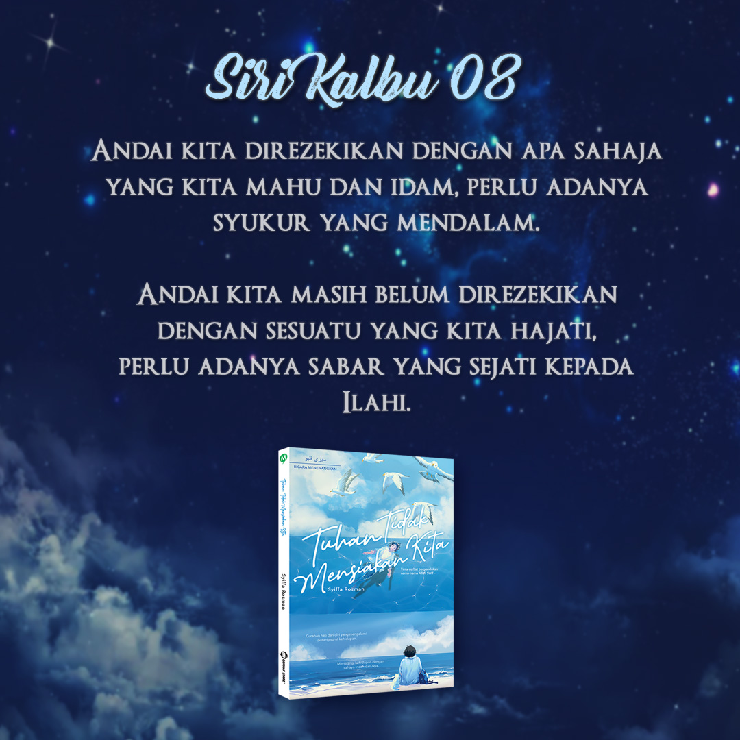 Menerusi 99 nama yang indah-Nya itu, moga dapat menyuburkan kepercayaan bahawa Dia tak pernah meninggalkan kita. 🙂

💙Tinta curhat berpandukan nama-nama Allah SWT, TUHAN TIDAK MENSIAKAN KITA nukilan Syiffa Rosman.