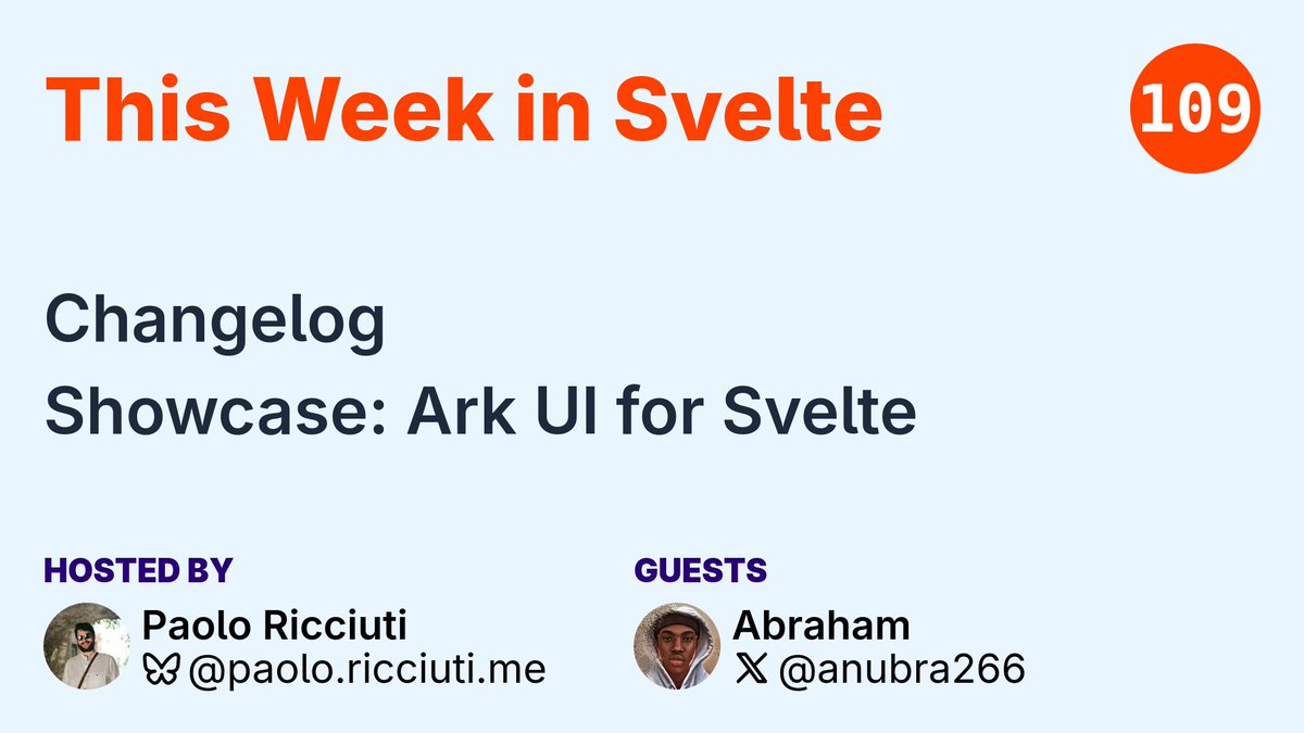 SvelteSociety's tweet image. 'This Week in Svelte' episode 109 will stream later today and we have a showcase by @anubra266 ark-ui.com. Join us on YouTube: youtube.com/live/LghoZmFzW…