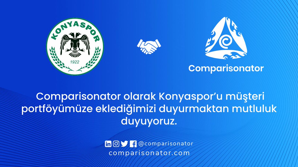 Comparisonator Futbol Data Karşılaştırma Platformu olarak Süper Lig ekiplerinden Konyaspor'u müşteri portföyümüze eklediğimizi duyurmaktan mutluluk duyuyoruz. 🥳