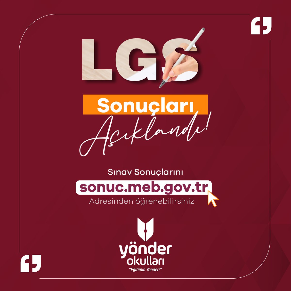 📢 LGS Sonuçları Açıklandı!
Milli Eğitim Bakanlığı tarafından yapılan duyuruya göre LGS 2025 sonuçları açıklandı.

📝 Tüm öğrencilerimizi emekleri ve azimleri için yürekten kutluyoruz.
Şimdi sırada doğru tercih var! 🎯

#YönderOkulları #TercihDönemi #EğitiminYönderi #LGS2025