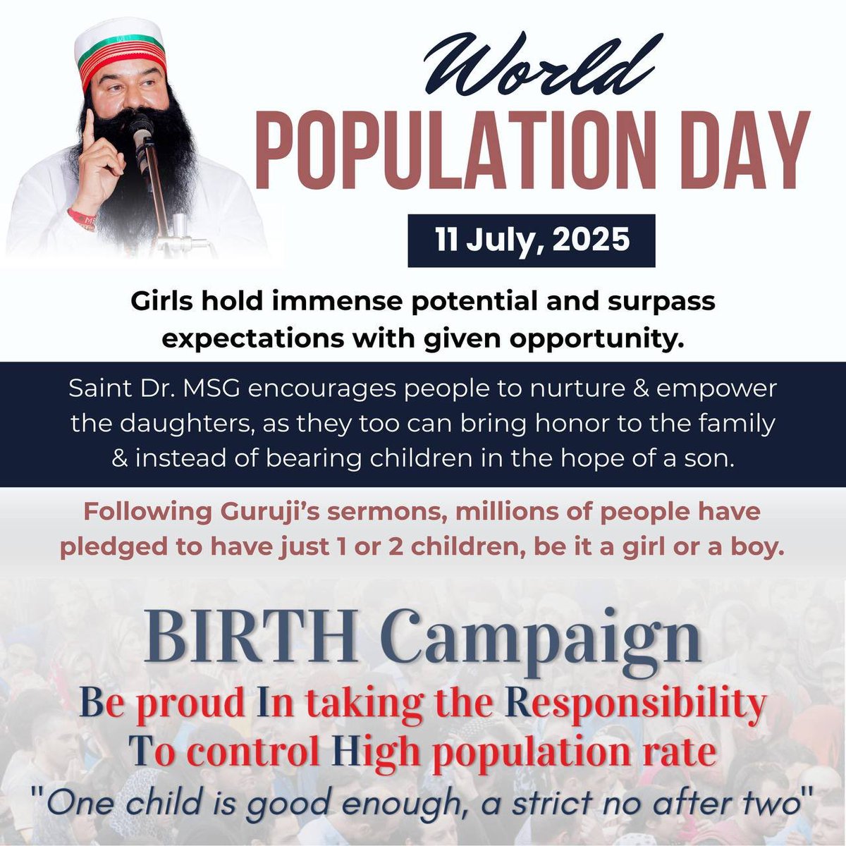 Parvind19641404's tweet photo. Increasing population has become a big problem for the whole world which is increasing the unemployment rate. To control this, Saint Dr MSG Insan BIRTH Campaign has inspired everyone to adopt the slogan "One is right and not after two".
#WorldPopulationDay2025
#WorldPopulationDay https://t.co/gGRxE1r3AY