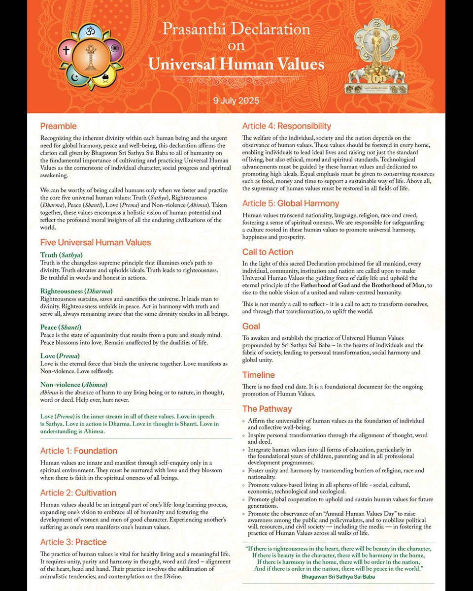SSSIHL's tweet image. The Prasanthi Declaration on Universal #HumanValues was unveiled by Mr Haribhau Kishanrao Bagde, Hon’ble Governor of Rajasthan, in the Divine Presence on 9 July 2025. Senior members of the SSSCT, SSSIHL, SSSSO and guests graced the occasion.
Watch: bit.ly/3Tv8Irl