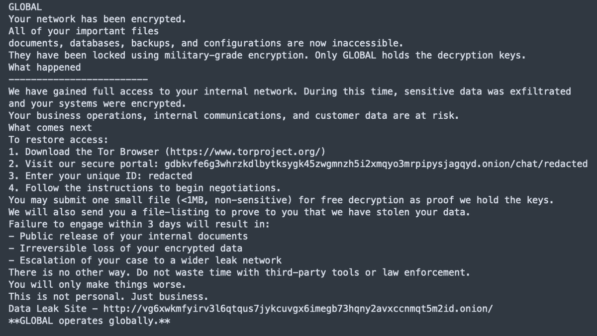 Un13a5h's tweet photo. Global ransomware #RansomNote : d908e7194f9b98e9e0da0cfeade01dcc31959709e33073efd45c2c26000ce9a4
Name of ransom note: "README_Global.txt"
Victim login page:
gdbkvfe6g3whrzkdlbytksygk45zwgmnzh5i2xmqyo3mrpipysjagqyd[.]onion/chat/id https://t.co/mQxlNJ2jzc