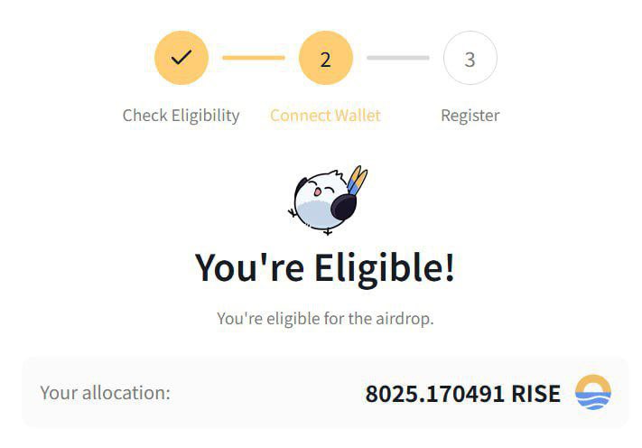 $RISE Airdrop Claim Guide

• Connect your EVM + Cosmos wallets
• Check your eligibility
• Register and accept terms
🪂 Done! Airdrop will arrive at mainnet

➡️Check your Eligibility: airdrop.sunriselayer.io
⏳ Claim closes July 14, 23:59 UTC
