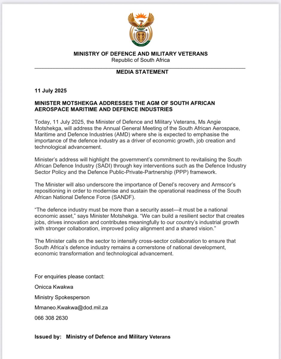 Minister of Defence and Military Veterans 🇿🇦 (@defence_za) on Twitter photo Today, I'll address the AMD AGM to highlight the importance of the defence industry as a catalyst for economic growth, job creation & innovation. <a href="/SANDF_ZA/">SA National Defence Force 🇿🇦</a> <a href="/DenelSOC/">Denel</a> <a href="/ArmscorSoc/">Armscor SOC</a> #letsdomoretogether Today, I'll address the AMD AGM to highlight the importance of the defence industry as a catalyst for economic growth, job creation & innovation. <a href="/SANDF_ZA/">SA National Defence Force 🇿🇦</a> <a href="/DenelSOC/">Denel</a> <a href="/ArmscorSoc/">Armscor SOC</a> #letsdomoretogether