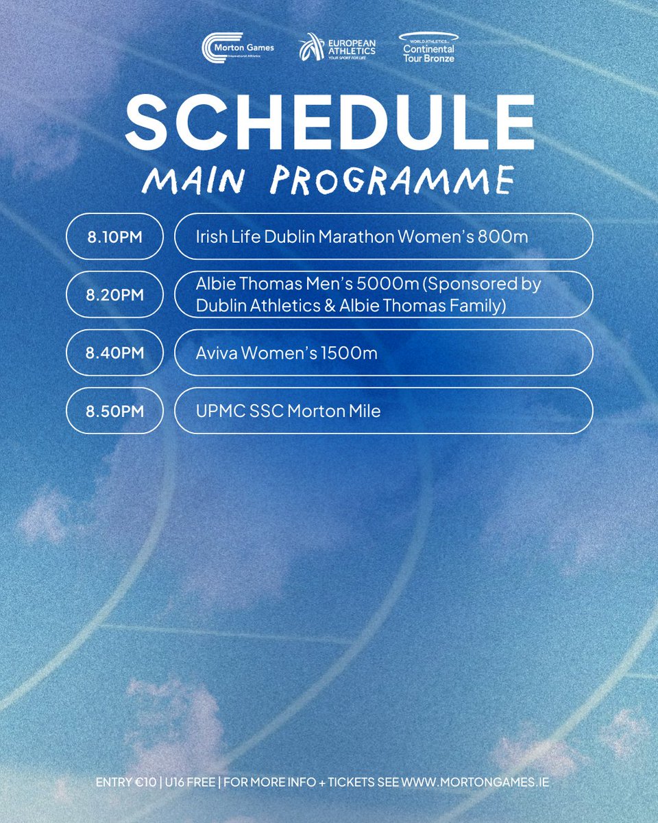 Timetable for tonight's hottest gig in town, Morton Games at Morton Stadium Santry Dublin. 
<a href="/VMSportIE/">Virgin Media Sport</a> <a href="/irishathletics/">Athletics Ireland</a> <a href="/DCU/">Dublin City University</a> <a href="/DubAthletics/">Dublin Athletics</a> <a href="/DCUSport/">DCU Sport</a>