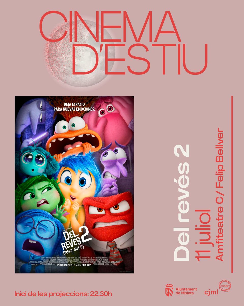 📽️CINE DE VERANO 2025 

✨ Continuamos con el programa de cine nocturno al aire libre con la película de animación 'INSIDE OUT 2' 

📍 Viernes 11 de julio, a las 22.30h. En anfiteatro de Felipe Bellver  

🎞️Consulta toda la programación ➤ mislata.es/es/informate/a…