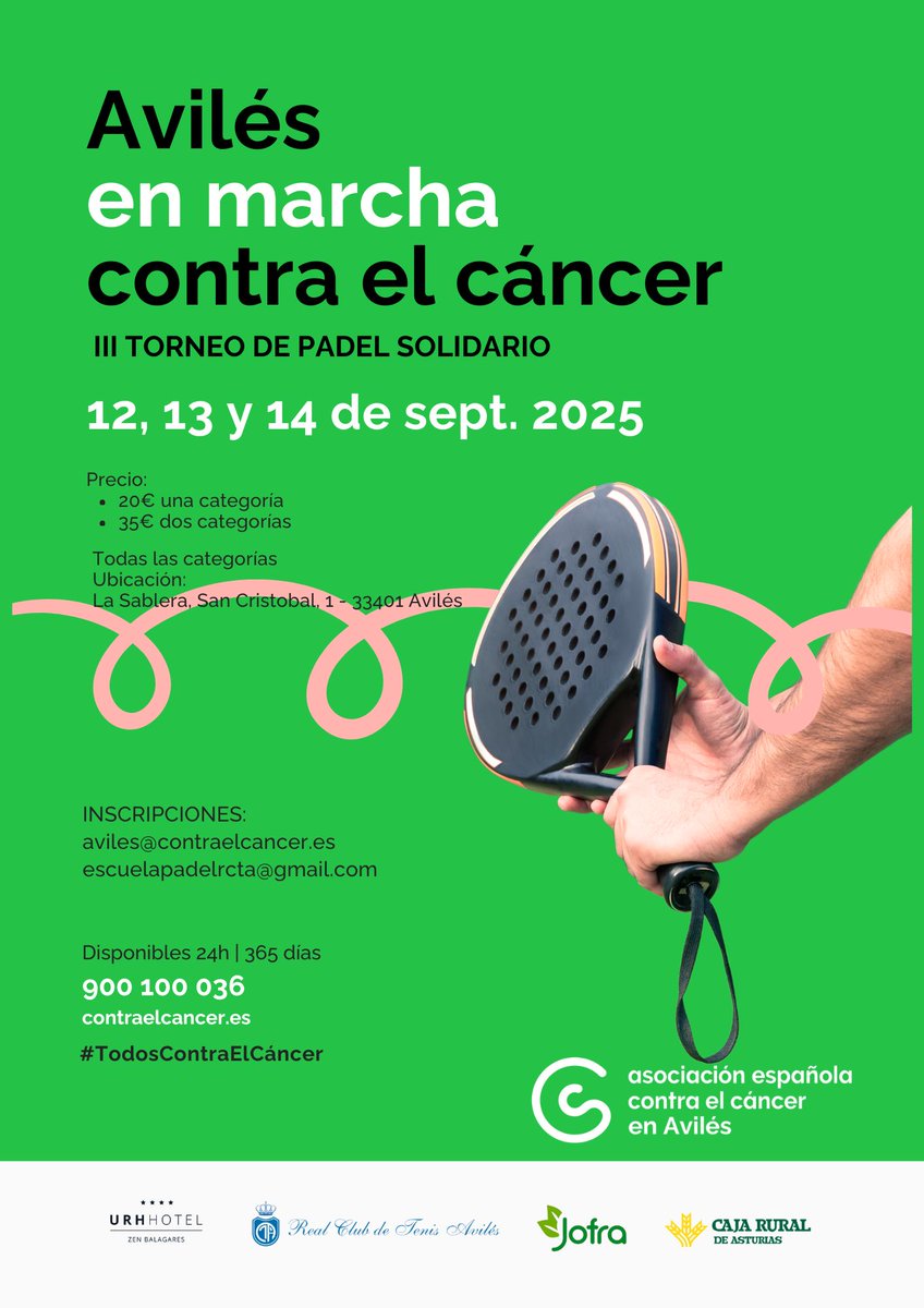 Asociación Contra el Cáncer Asturias (@contracancerast) on Twitter photo Vuelve el III Torneo de Pádel Solidario en Avilés
La Sablera, San Cristobal,1, Avilés
12, 13 y 14 de septiembre
Inscripciones:
aviles@contraelcancer.es
escuelapadelrcta@gmail.com
Todas las categorías.
Precio:
20€ una categoría
35€ dos categorías Vuelve el III Torneo de Pádel Solidario en Avilés
La Sablera, San Cristobal,1, Avilés
12, 13 y 14 de septiembre
Inscripciones:
aviles@contraelcancer.es
escuelapadelrcta@gmail.com
Todas las categorías.
Precio:
20€ una categoría
35€ dos categorías