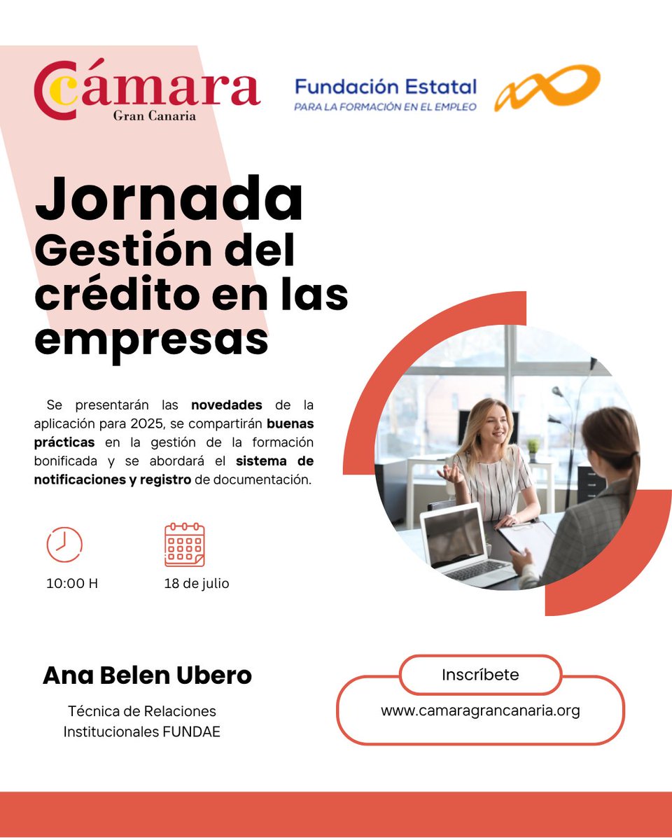 📚 Gestión del Crédito Formativo: lo último en formación bonificada   ✅ Novedades FUNDAE 2025   ✅ Buenas prácticas y resolución de dudas   
📅 18 de julio, 10.00h
  🔗 Inscríbete ya: camaragrancanaria.org/formacion/ofer…

#Empresas #FormaciónParaElEmpleo #CámaraGranCanaria