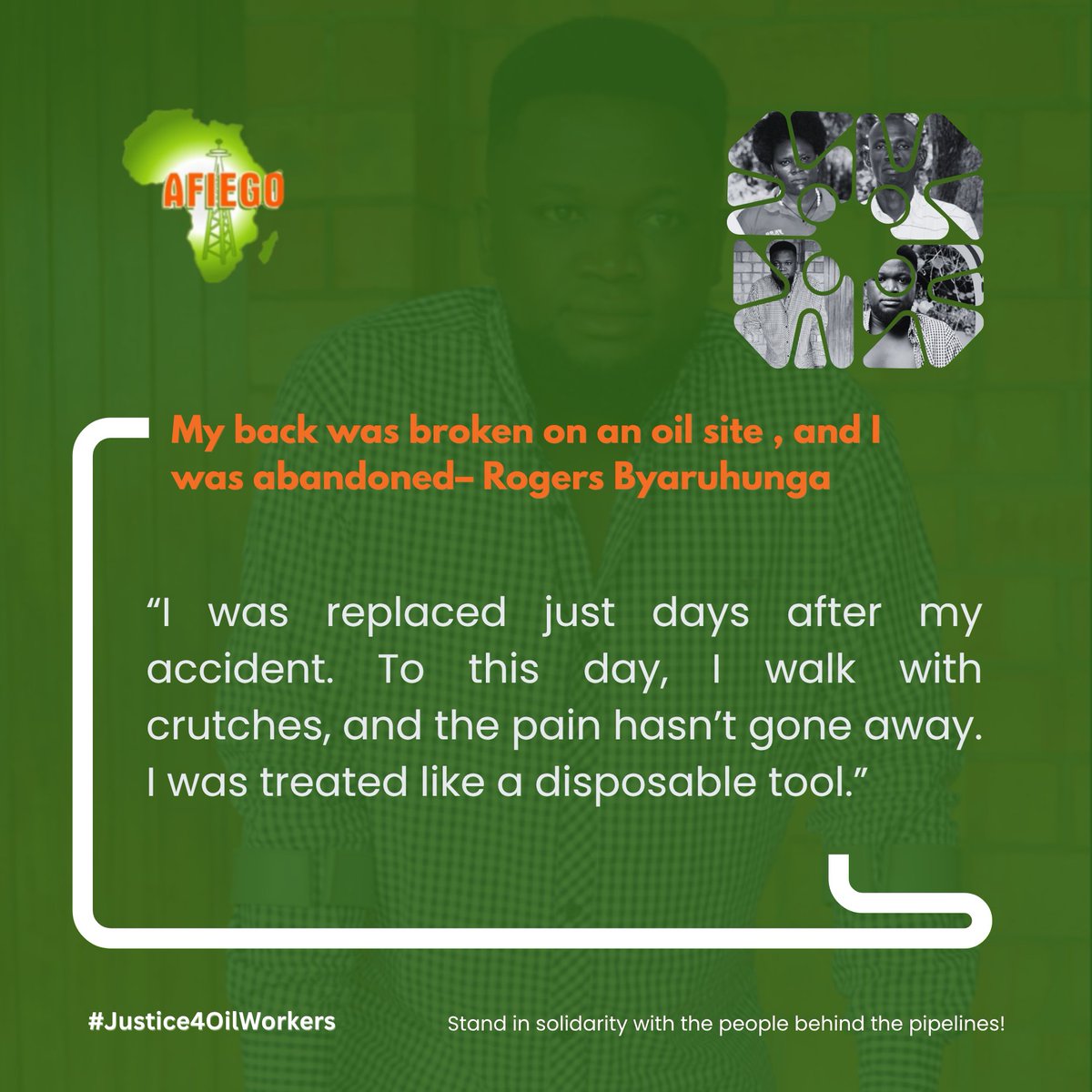 AFIEGO (@afiegoug) on Twitter photo Rodgers Byaruhunga, 26, broke his back working on <a href="/TotalEnergiesUG/">TotalEnergies Uganda</a>’s Tilenga oil project.
The result?
❌ Abandoned
❌ Contract terminated
❌ No compensation
📢His family now struggles to survive.
Read Rodger’s story: afiego.org/wp-content/upl…
#Justice4OilWorkers #StopEACOP Rodgers Byaruhunga, 26, broke his back working on <a href="/TotalEnergiesUG/">TotalEnergies Uganda</a>’s Tilenga oil project.
The result?
❌ Abandoned
❌ Contract terminated
❌ No compensation
📢His family now struggles to survive.
Read Rodger’s story: afiego.org/wp-content/upl…
#Justice4OilWorkers #StopEACOP