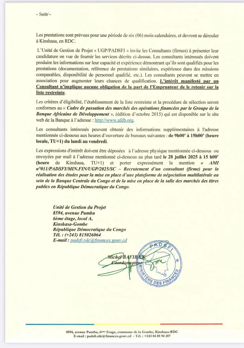 📢 Dans le cadre de la mobilisation des ressources à long terme, un appel à manifestation d’intérêt est lancé pour le recrutement d’une firme chargée de la réalisation de l’étude en vue de la mise en place d’une plateforme de négociation multilatérale à la Banque Centrale du