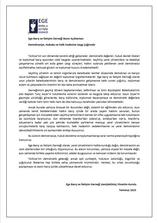 Ege Barış ve İletişim Derneğimizin 
Yerel yönetimler üzerindeki vesayete ilişkin basın açıklaması