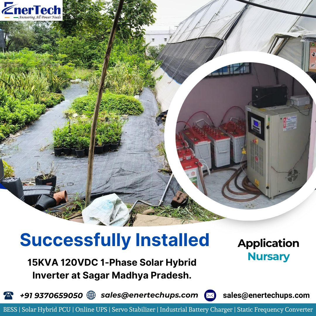 Enertechups_Pun's tweet image. ✅ Successful installation of a 15KVA | 120VDC | 1-Ph Solar Hybrid Inverter at a nursery in Sagar, MP!
Powering green spaces with clean, uninterrupted energy. 🌱⚡

📞 9370906550 | 
🌐 enertechups.com

#GoSolarNow #HybridInverter #Enertech #CleanEnergy #MadhyaPradesh