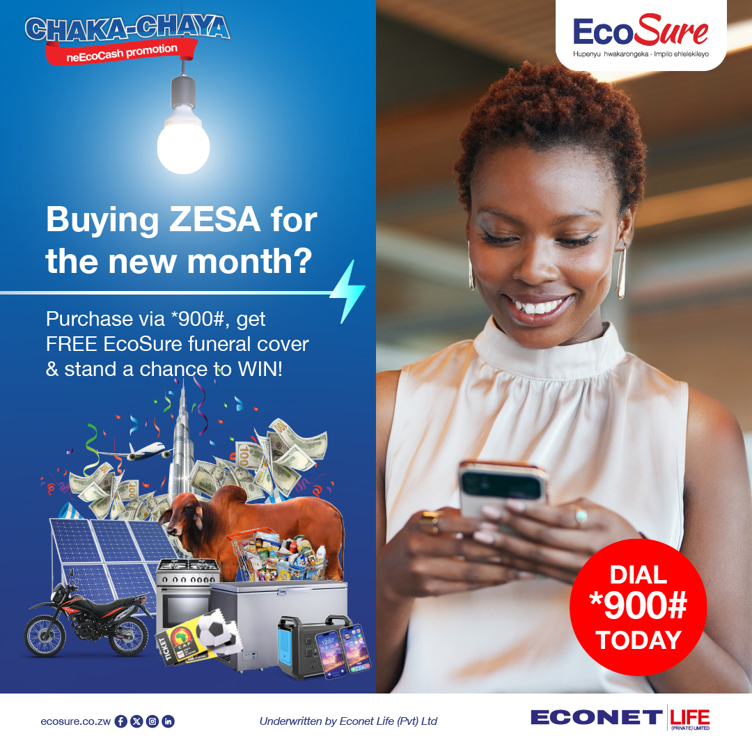 Stand a chance to win in the EcoCash Chakachaya promotion when you buy ZESA tokens via *900#. You'll also get FREE EcoSure funeral cover when you purchase your tokens!​

#ZESA #Tokens #ZETDC #EcoSure #FuneralCover #Chakachaya #EcoCash #ChakachayaPromotion