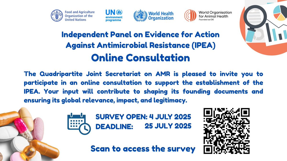 Health Diplomacy Alliance (@healthdiploa) on Twitter photo 🗣️ Shape the global response to #AntimicrobialResistance!
The Quadripartite (<a href="/FAO/">Food and Agriculture Organization</a>, <a href="/UNEP/">UN Environment Programme</a>, <a href="/WHO/">World Health Organization (WHO)</a> & <a href="/WOAH/">World Organisation for Animal Health</a>) is setting up the Independent Panel on Evidence for Action Against AMR (IPEA) and YOUR insights matter.
⏱️ Survey opens 4–25 July 2025
👉 qjsamr.org/independent-pa… 🗣️ Shape the global response to #AntimicrobialResistance!
The Quadripartite (<a href="/FAO/">Food and Agriculture Organization</a>, <a href="/UNEP/">UN Environment Programme</a>, <a href="/WHO/">World Health Organization (WHO)</a> & <a href="/WOAH/">World Organisation for Animal Health</a>) is setting up the Independent Panel on Evidence for Action Against AMR (IPEA) and YOUR insights matter.
⏱️ Survey opens 4–25 July 2025
👉 qjsamr.org/independent-pa…