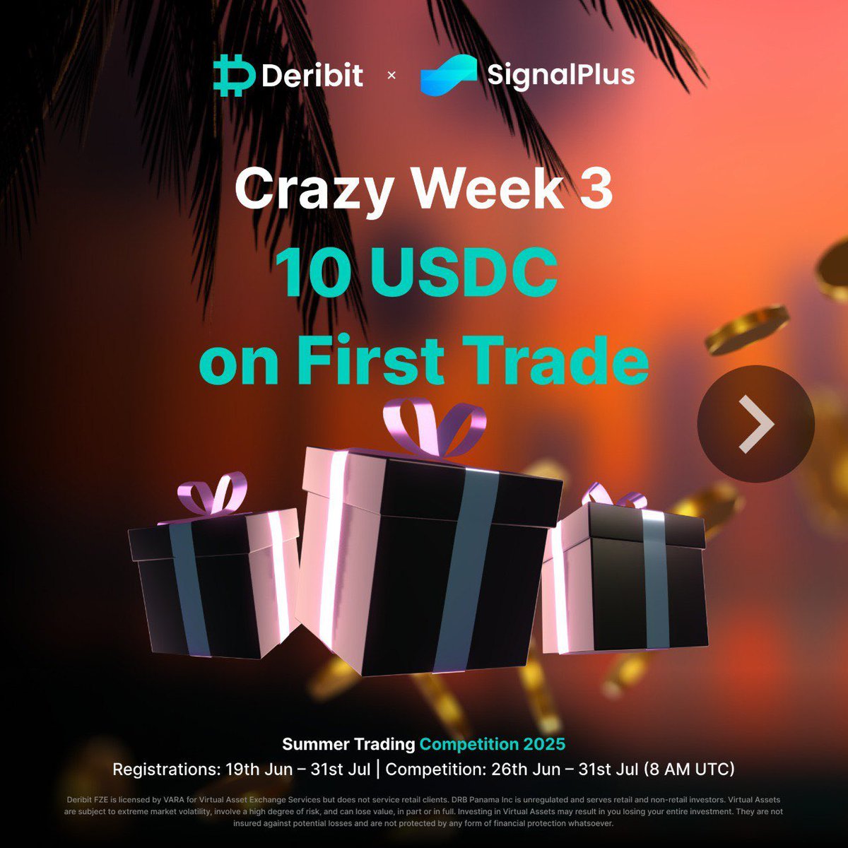Get an  extra  10 USDC bonus on your first trade.

During Week 3, registered users who complete their first trade will: 

1) Receive an extra 10 USDC bonus
+
2) Share a 1000 USDC prize pool 
3) A chance to win an Insta x 360

Event Period: July 10 – July 17, 2025, 8:00 UTC
Only