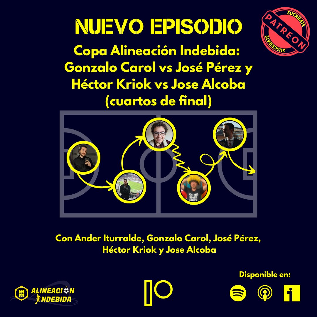 Ander Iturralde (@andershoffman) on Twitter photo ❓NUEVO EP. DE ALINEACIÓN INDEBIDA❓
El 3er y 4o duelo de los cuartos de final de la Copa Indebida. La lucha por llegar a las semifinales de nuestro torneo de trivia futbolística.
<a href="/gonzalocarol29/">Gonzalo Carol</a> vs <a href="/jcperez_/">José C. Pérez</a> & <a href="/Kriok/">Kriok カリオカ</a> vs <a href="/JMAlcobendas/">Alcobendas</a>. 
Escúchalo ya: open.spotify.com/episode/0pg2Af… ❓NUEVO EP. DE ALINEACIÓN INDEBIDA❓
El 3er y 4o duelo de los cuartos de final de la Copa Indebida. La lucha por llegar a las semifinales de nuestro torneo de trivia futbolística.
<a href="/gonzalocarol29/">Gonzalo Carol</a> vs <a href="/jcperez_/">José C. Pérez</a> & <a href="/Kriok/">Kriok カリオカ</a> vs <a href="/JMAlcobendas/">Alcobendas</a>. 
Escúchalo ya: open.spotify.com/episode/0pg2Af…