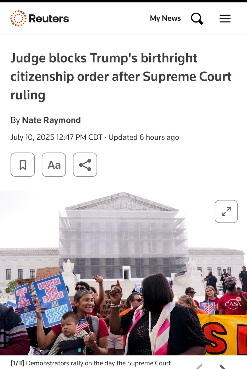 红州儿童重获出生公民权

美国新罕布什尔州联邦地方法官 Joseph Laplante 于 2025 年 7 月 10 日再次以“类集体诉讼（class action）”方式阻止特朗普政府的“出生公民权行政命令”，即便之前最高法院的裁决削弱了“全国性禁令” 。

法官利用最高法院裁定中留下的例外，即通过 class action