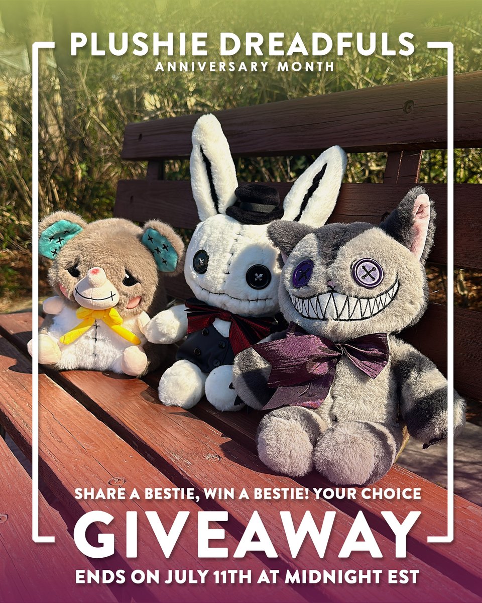 PlushieDreadful's tweet image. Last day to participate in the Giveaway 🎉

✅ Share a photo of your Plushie Dreadfuls. You can share fan art you created too!
✅ Include #PlushieDreadfuls + #StayDreadful
✅ Follow + RT
 
Giveaway ends 07/11 at midnight (EST) 
Results announced Monday 07/14 at noon (EST)