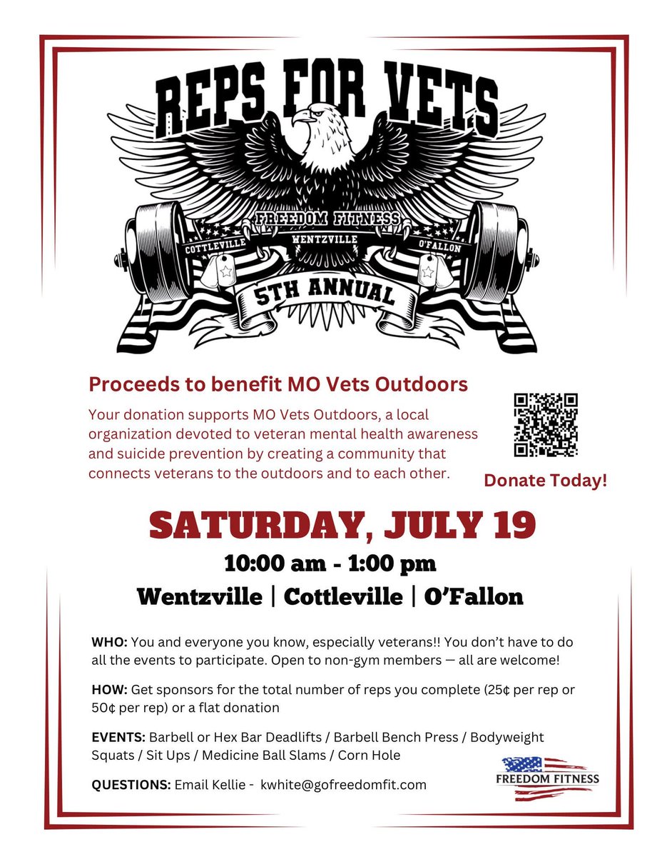 Join us for the 5th Annual Reps for Vets!  Support MO Vets Outdoors with lifts &amp; fun on Sat, July 19, 10 am - 1 pm in Wentzville, Cottleville, &amp; O'Fallon. Open to all—get sponsors ($25-$50/rep) or donate! Details: [link to flyer or event page] #RepsForVets #VeteranSupport