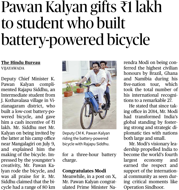 Kranthi Barlapudi (@kr_barlapudi) on Twitter photo Kudos to young innovator Rajapu Siddhu for his battery-powered bicycle and to Deputy CM <a href="/PawanKalyan/">Pawan Kalyan</a> garu for encouraging talent with a ₹1 lakh reward! Kudos to young innovator Rajapu Siddhu for his battery-powered bicycle and to Deputy CM <a href="/PawanKalyan/">Pawan Kalyan</a> garu for encouraging talent with a ₹1 lakh reward!