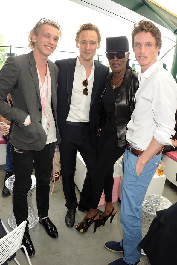 hiddlesrares's tweet image. Eddie Redmayne, Grace Jones, Tom Hiddleston & Jamie Campbell Bower