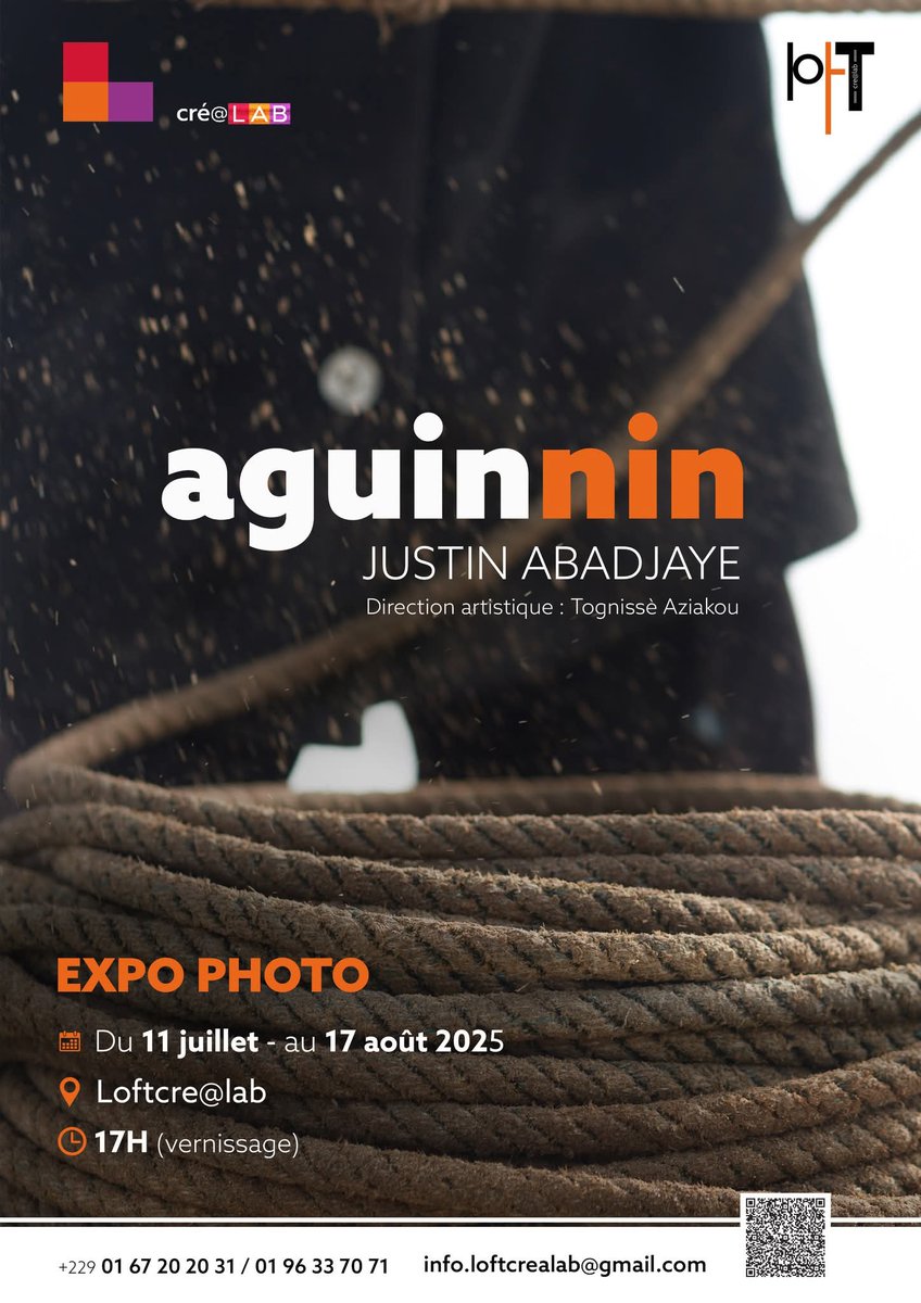 🌊 AGUINNIN – Ce soir à 17h
📍 Loft Cre@lab – Cotonou

Ce soir, je vous invite à plonger dans l’âme fragile des rivages.
Une exposition où chaque photo est un souffle, un geste, une mémoire.
📸 Vernissage à 17h – Entrée libre, émotion garantie.

#AGUINNIN #ExpositionPhoto