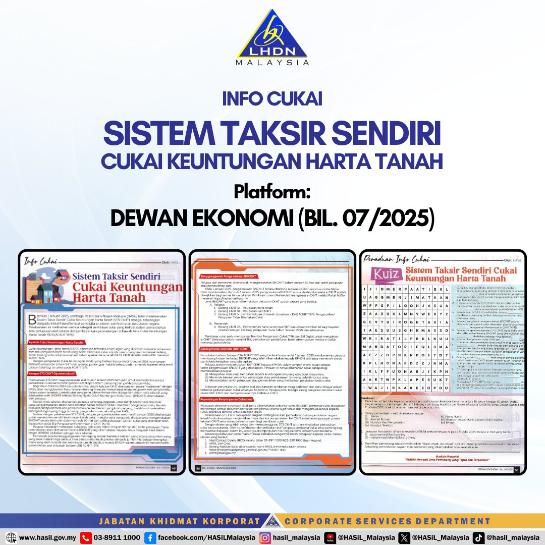 HASiL dengan kerjasama Dewan Bahasa dan Pustaka telah menerbitkan artikel bertajuk “Sistem Taksir Sendiri Cukai Keuntungan Harta Tanah” dalam Dewan Ekonomi keluaran 7/2025. hasil.gov.my/media/jmqmltay…
#lhdnm #lhdn #HASiL #eduzoneHASiL #TaxEdu