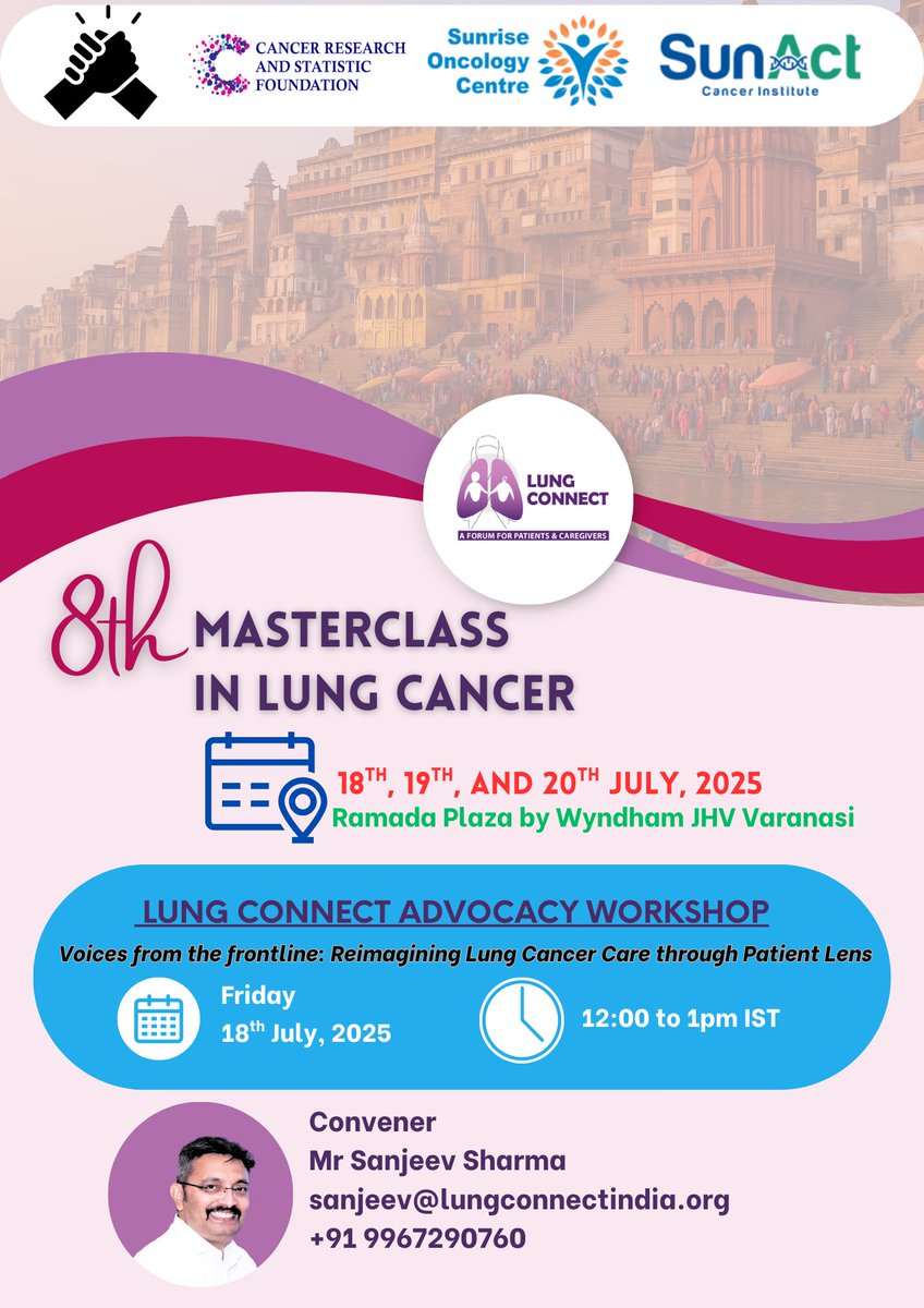 🫁 Advocacy Workshop | Varanasi |18th July 2025 |12pm - 1pm IST

✨ “Lung Connect – Connecting lives in Lung Cancer”

Followed by a thought-provoking panel discussion :
“Voices from the Frontline: Reimagining Lung Cancer Care Through the Patient Lens”

Join us as survivors,