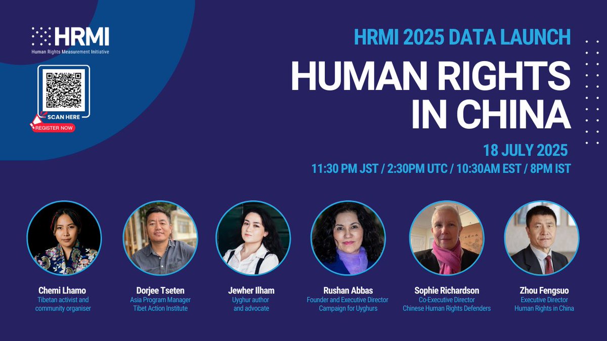 📢 WEBINAR | HRMI's 2025 #China Data Launch!  

Join us and listen to our expert panellists share their views on HRMI's new #humanrights data and the current challenges facing China.

📅 18 July 2025
🕙 11:30pm JST / 2:30pm UTC / 10:30am EST
🖱️ REGISTER @ bit.ly/HRMI-ChinaWebi…
