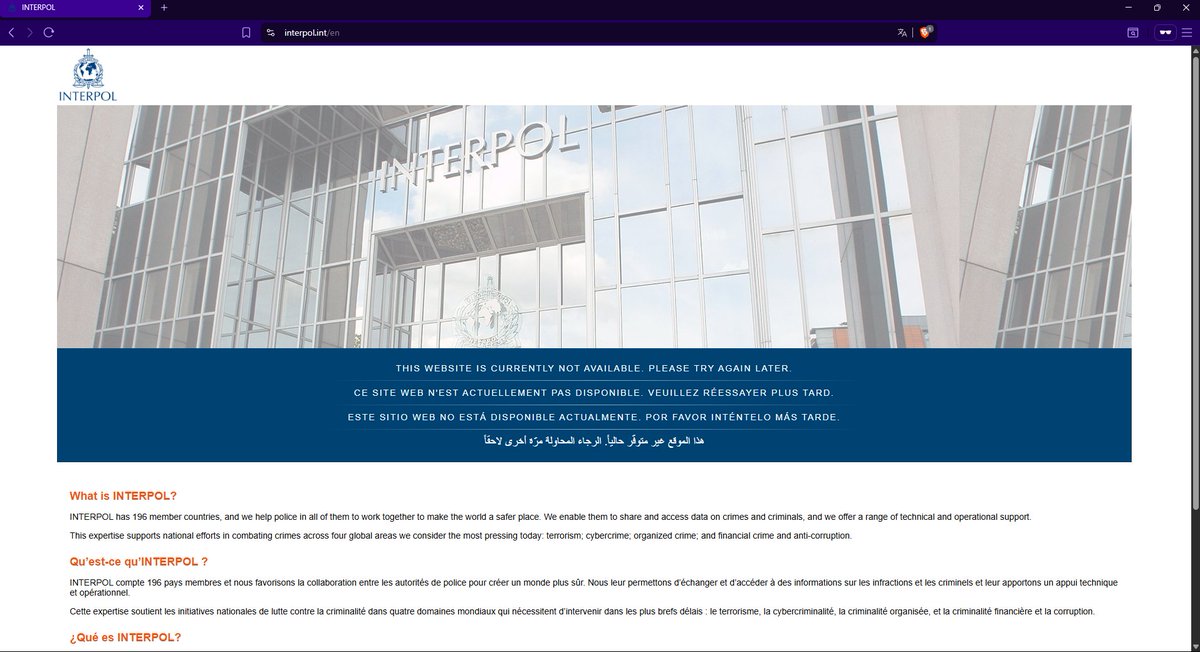 RebirthStress's tweet photo. The official website of Interpol has been disabled in part of coordinated cyber attacks.   

Service Used: https://t.co/d808dUX166 

Report: https://t.co/l0fH62qZk1 

Let the game, begin.. https://t.co/P9YEgJhSAV