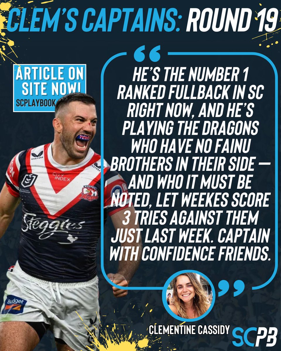The distinct lack of Fainu brothers in the Dragons lineup is key - are you skippering Teddy this weekend?

Check out former 6th place finisher Clem Cassidy's deep dive into the best skippers for Round 19 here: tinyurl.com/4vvhbtbw

#NRL #nrlsupercoach #JamesTedesco