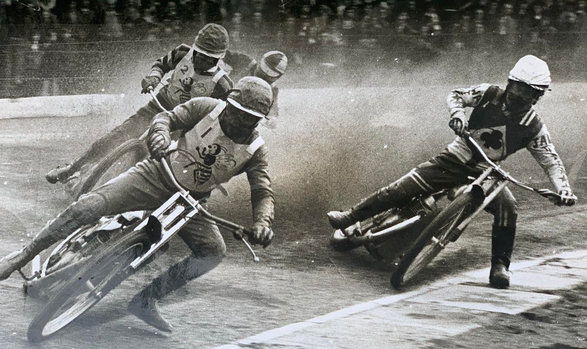 Nigel Boocock leading Ivan Mauger, Roger Hill &amp; Alan Wilkinson (who fell) in heat 1 of the Coventry v Belle Vue British League match @ Brandon in April 1972. Rain caused the meeting to be abandoned after heat 9. The Bees were ahead 28-26 when the ref called a halt to the racing.