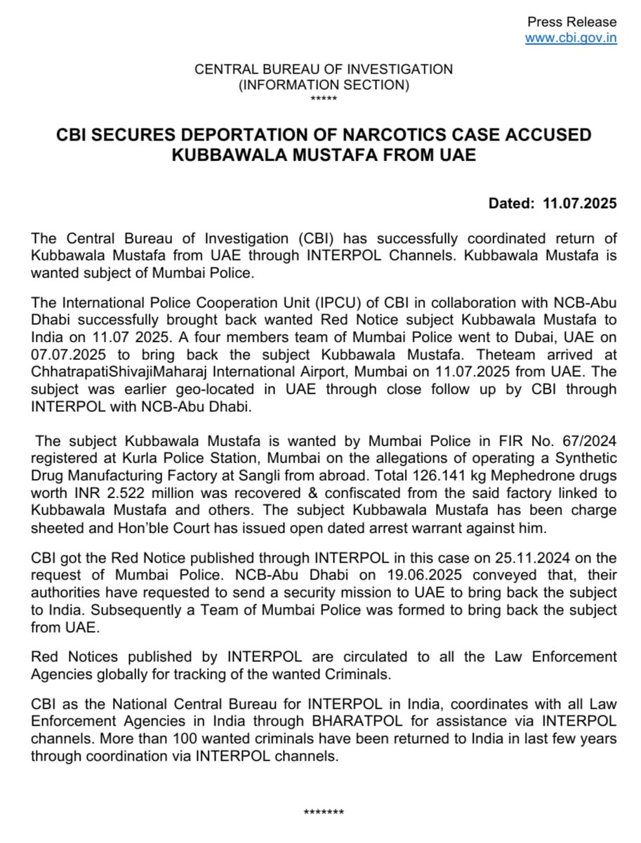 CBI SECURES DEPORTATION OF NARCOTICS CASE ACCUSED KUBBAWALA MUSTAFA FROM UAE