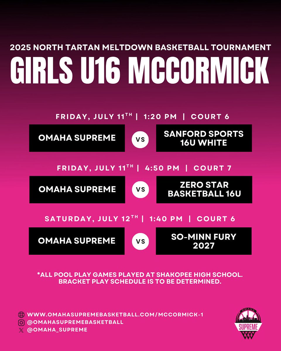 Omaha Supreme Girls U16 McCormick is back in action @ Shakopee High School in Minnesota for the North Tartan Meltdown Basketball Tournament this weekend! Check out their schedule below! 🏀🔥

Team Roster: omahasupremebasketball.com/mccormick-1