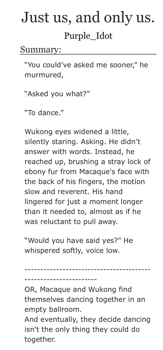 LMK_FanficRecs's tweet image. Fic of the day(264): Just us, and only us. By Purple_Idot on Ao3
-Oneshot
-Mature rating
-Shadowpeach
Past monkeys become dance monkeys and serve a side dish of kiss-ies
Link: archiveofourown.org/works/67360507…
#LEGOMonkieKid #shadowpeach