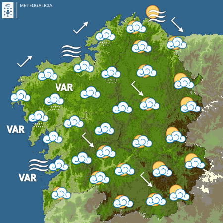 Bos días, Galicia! Venres, 11 de xullo. Ceos con abundantes nubes baixas na metade oeste e chuvascos localmente treboentos en zonas do interior pola tarde. Brétemas en todo o litoral atlántico o longo da xornada. As temperaturas sufrirán un descenso, máis acusado nas máximas.