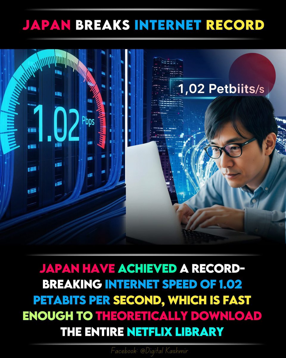 KiranKintaliPro's tweet image. Japan has shattered internet speed records with a groundbreaking 1.02 petabits per second connection! That’s 1 million gigabits per second — fast enough to download the entire Netflix library in just one second 🤯

#DigitalBreakthrough 
#JapanTech
#internetspeed
#futureofinternet