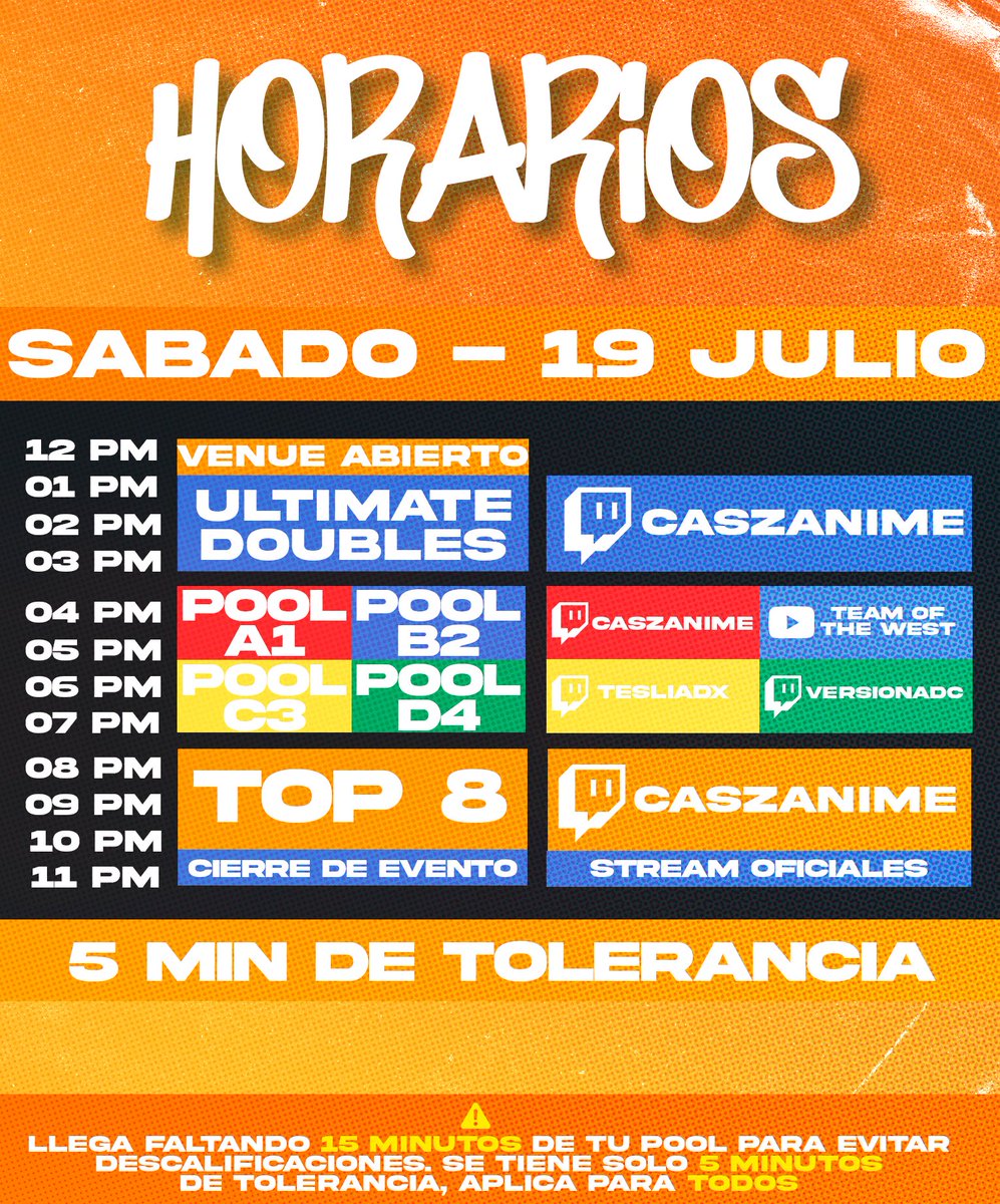 ApsonSmash's tweet image. CHEQUEN A PARTIR DEL 12 DE JULIO SUS POOL PARA QUE TENGAN EL HORARIO PENDIENTE, POOL A1 Y B2 A LAS 4:00 PM POOL C3 Y D4 A LAS 5:00 PM, TRATEN DE LLEGAR FALTANDO 15 A SU POOL PARA QUE TENGAN TIEMPO DE PAGAR, SOLO SE LES TOLERARA 5 MINUTOS