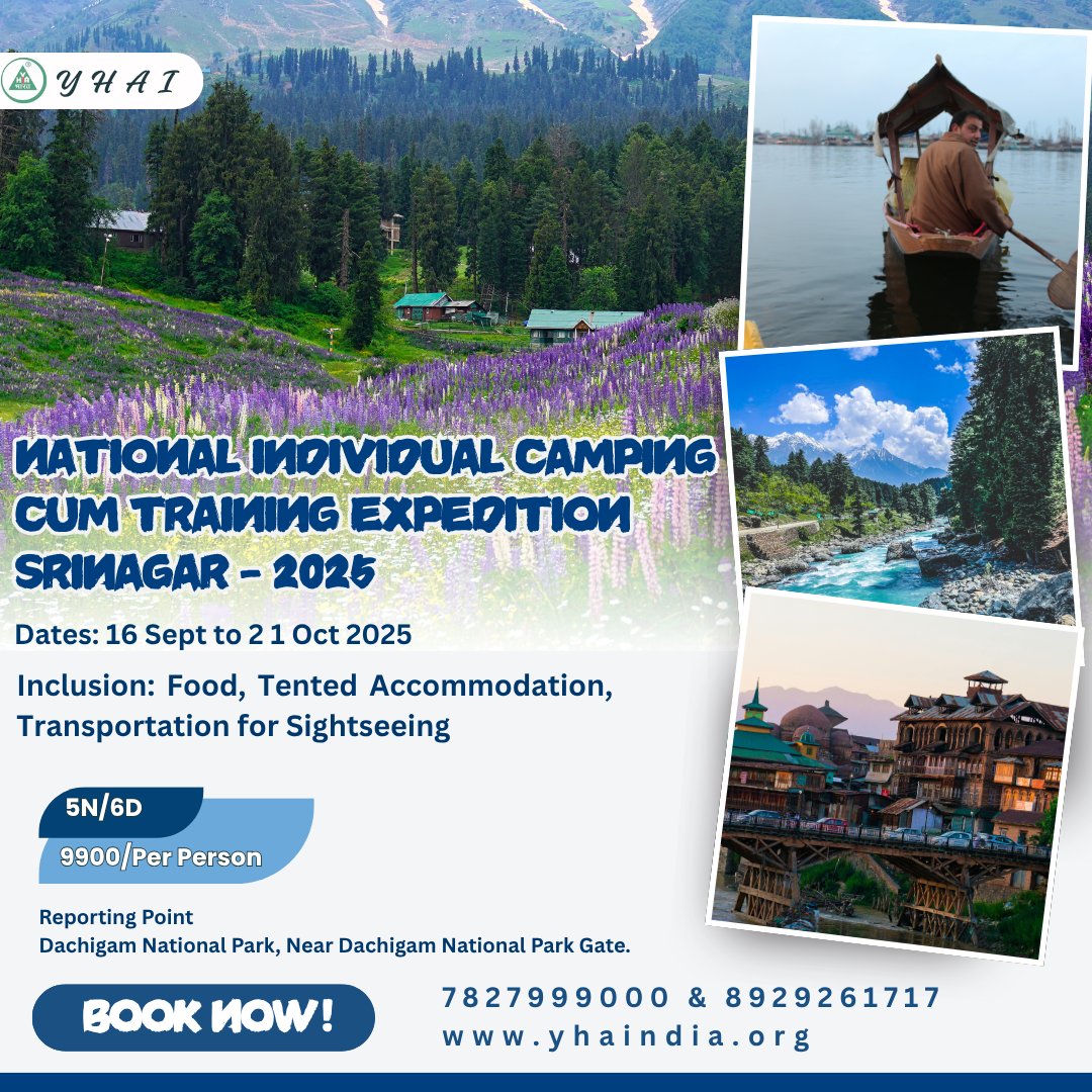 National Individual Camping Cum Training Expedition Srinagar – 5N/6D (16 Sep – 21 Oct 2025) at just ₹9,000

📍Reporting: Dachigam National Park, Near Dachigam National Park Gate.

🎟️ Book  Now with <a href="/yhaindia/">YHAI</a>
📞 7827999000 | 📱 WhatsApp: 8929261717 | 🌐 yhaindia.org