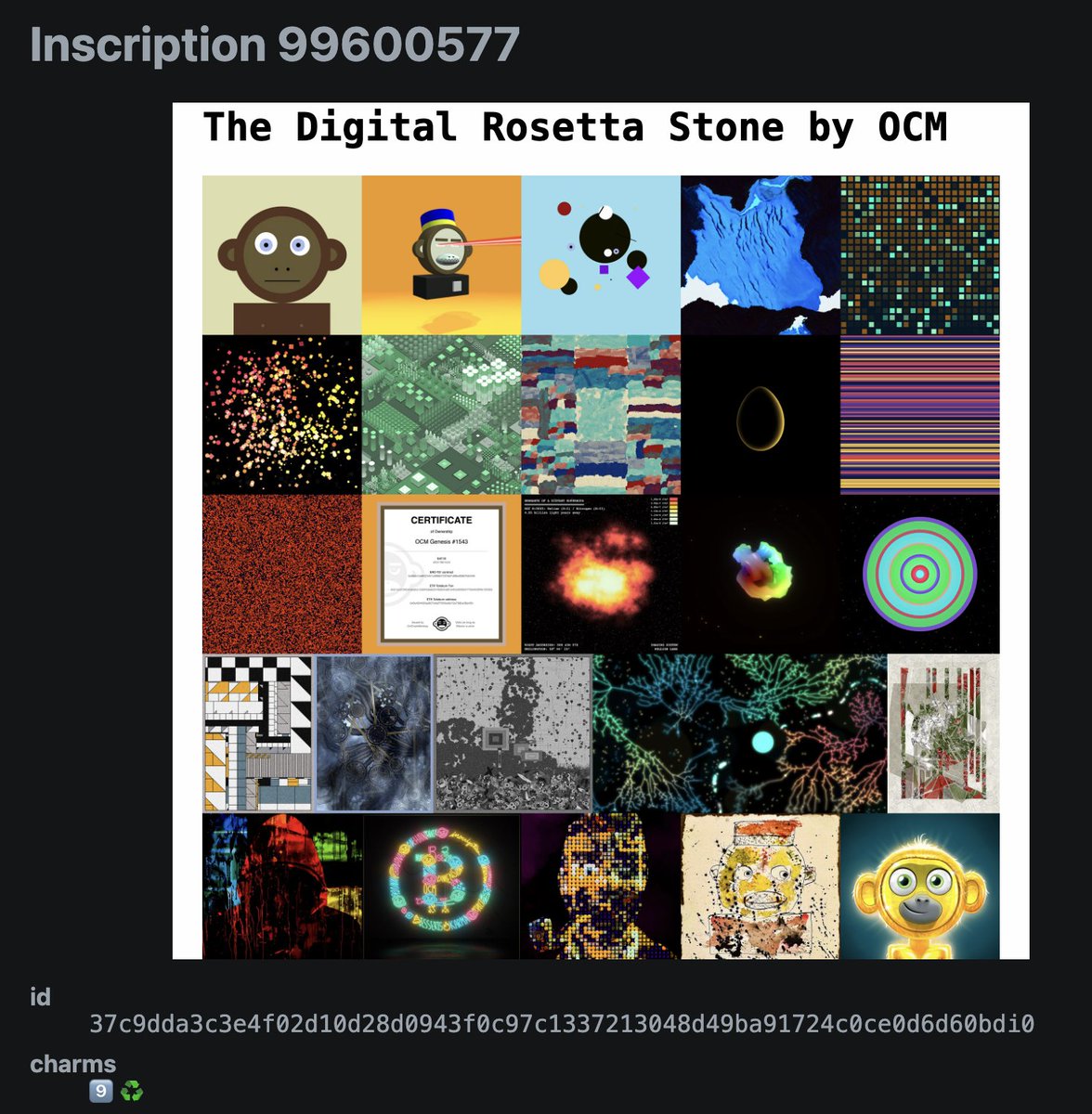 OnChainMonkey's tweet image. OCM Genesis Reinscribed with the Digital Rosetta Stone!

The iconic OCM Genesis has been reinscribed with the full Ordinals Protocol source code, transforming it into the Digital Rosetta Stone for Bitcoin art. This artifact fills an entire Bitcoin block (905026) and resides on a…