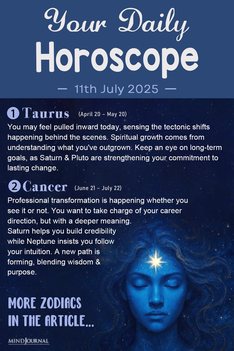 ✨ Your cosmic check-in is here! ✨
What does July 11, 2025, have in store for your zodiac sign? From bold moves to emotional breakthroughs — the stars are aligning just for you. 🌟
themindsjournal.com/news/daily-hor…

#HoroscopeToday  #AstrologyForecast #DailyHoroscope #MindJournal