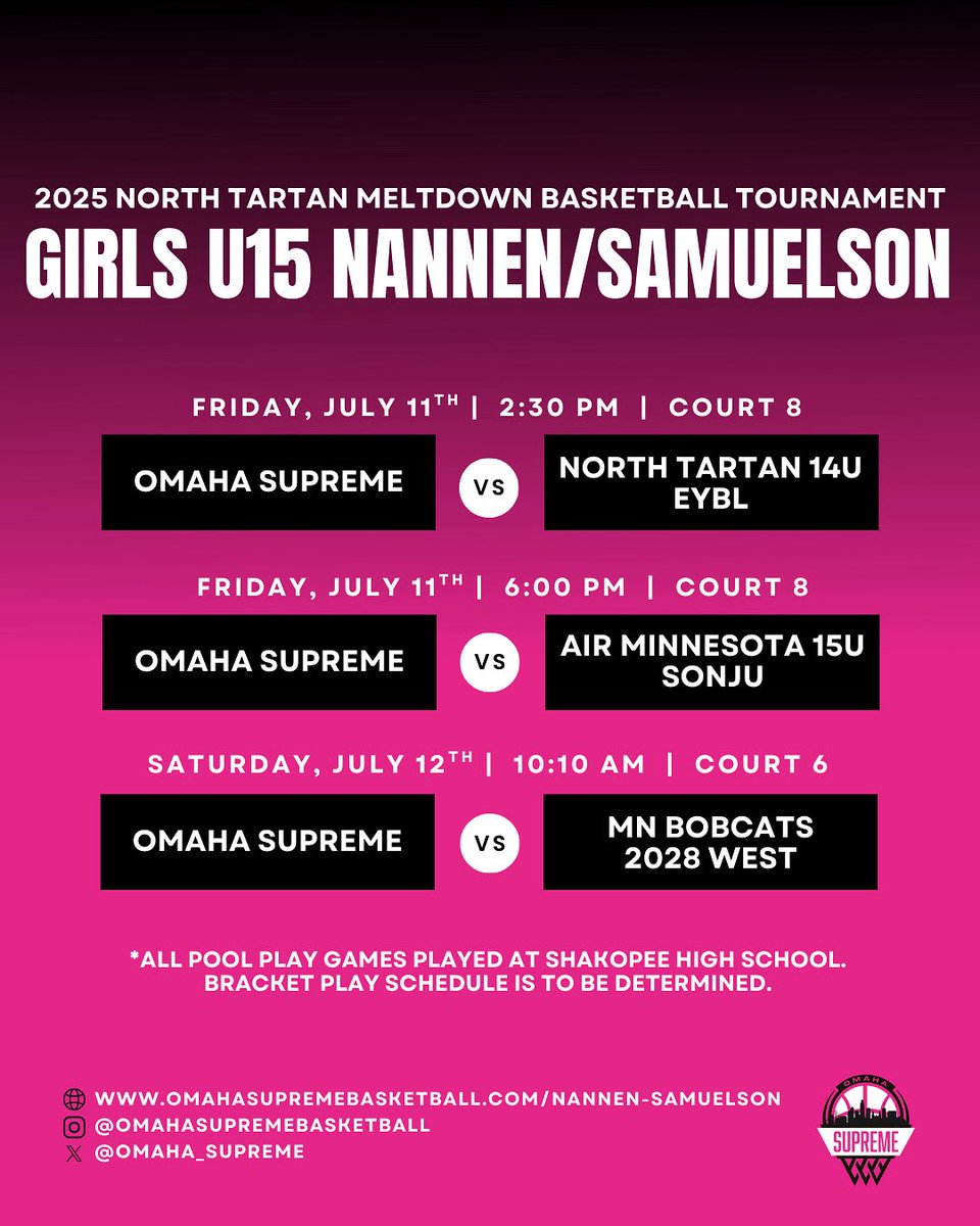 Omaha Supreme Girls U15 Nannen/Samuelson is back in action @ Shakopee High School in Minnesota for the North Tartan Meltdown Basketball Tournament this weekend! Check out their schedule above!🔥🏀

Team Roster: omahasupremebasketball.com/nannen-samuels…
