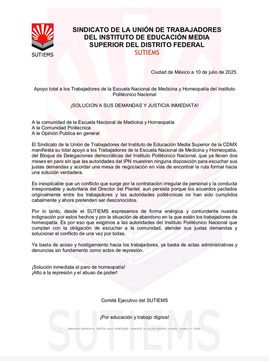 Manifestamos nuestro total apoyo a las y los trabajadores de la Escuela Nacional de Medicina y Homeopatía del #IPN 

<a href="/IPN_MX/">IPN</a> solución a las demandas 
de las y los trabajadores del Bloque de Delegaciones Democráticas del IPN que llevan más de 2 meses en paro
<a href="/julioastillero/">Julio Astillero</a>